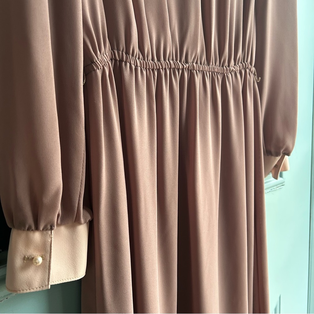 Vintage 70’s Prairie Ruffle Collar Midi Dress Long Sleeve Pearl Button Pleated M - Picture 5 of 10